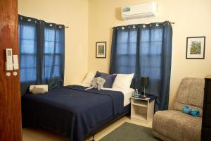 a bedroom with a bed with blue curtains and a chair at An-Garo Ko-Zy Spaces in Saint Johnʼs