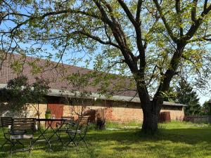 a picnic table and a tree in front of a building at Gästehaus Schlamau19 in Schlamau +20 photos