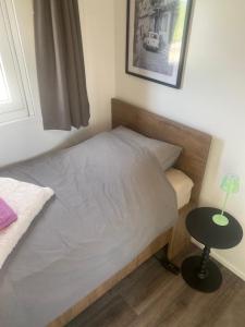 a small bedroom with a bed and a table at Chalet vrijheid in Tjerkgaast