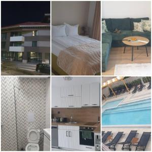 a collage of photos with a hotel room and a pool at Green apartment Velingrad in Velingrad