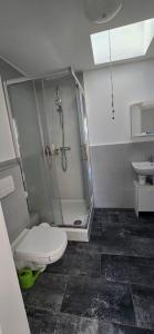 a bathroom with a shower and a toilet and a sink at Ferienwohnung in Achim Zentrum Apartment in Achim