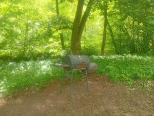 a barbecue grill sitting in the middle of a forest at Tábořiště Suchovršice in Suchovršice