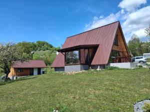 a large house with a red roof on a field at Cabana Cozy cu Jacuzzi în Natură - Cabana Edera in Buninginea