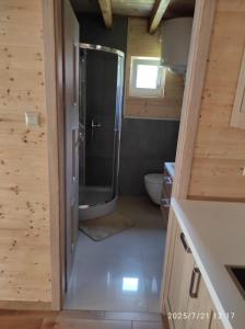a small bathroom with a shower and a toilet at Chatka Puchatka in Gołubie
