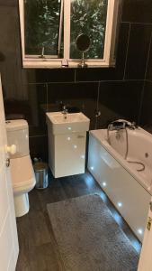 a bathroom with a toilet and a tub and a sink at King size room in home for couple or females in Hornchurch +16 photos