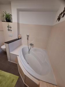 a white bath tub in a bathroom with a toilet at Modern & Gemütlich XL in Linden