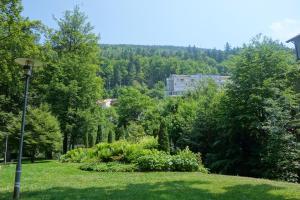 a park with a light pole in the grass at Hotel Garni Silberburg - Schwarzwald-Plus Karte in Bad Wildbad
