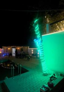 a light sculpture of a woman is lit up at night at Mandys Farm House in Manjhāoli
