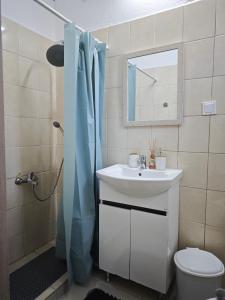 a bathroom with a sink and a toilet and a mirror at Elina House and Garden in Nikiti +39 photos