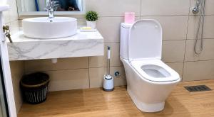 a bathroom with a white toilet and a sink at Milestone Terrace - Premium Apartment near Airport & Super U in Antananarivo