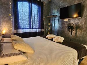 a bedroom with two beds and a tv on the wall at L Escale Spa Privatif in Tournai