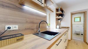 a kitchen with a sink and a counter at Apartmány Nová Oleška in Huntířov