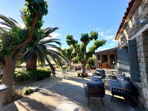 a patio with chairs and palm trees next to a house at Agroktima Konstantinos & Eleni in Platy
