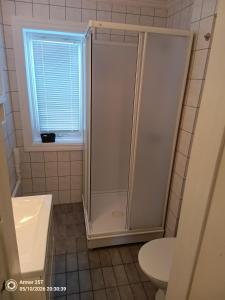 a bathroom with a shower and a toilet and a window at Sentrumsnær leilighet in Trondheim +7 photos