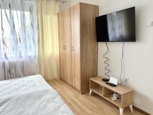 a bedroom with a bed and a television on a wall at Apartman Stankovic in Negotin
