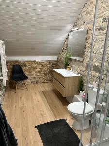 a bathroom with a sink and a toilet and a mirror at La Grange avec Jacuzzi in Loguivy-Plougras