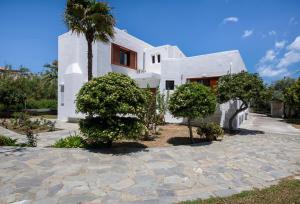 a white house with a palm tree and a stone driveway at Fiore Marino in Kamisianá