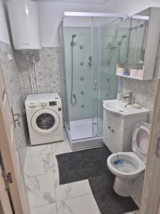a bathroom with a shower toilet and a washing machine at ArtStay Apartment in Drobeta-Turnu Severin