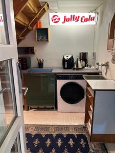 a kitchen with a stove and a dishwasher at Genbrugsfabrikkens Tiny apartment in Holbæk +12 photos