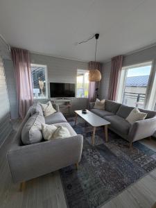 a living room with two couches and a tv at Panorama 3 Kungsberget in Järbo
