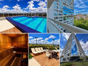 a collage of photos of buildings and a swimming pool at Flat 701 in Guarulhos