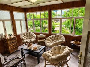 a living room with chairs and a table and windows at Lipoffka in Lipova Lazne