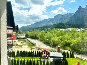 a view of a garden with mountains in the background at Mountain Stream Serenity - AC and Free Parking in Buşteni +27 photos