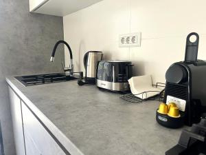 a kitchen with a sink and a coffee maker at Mountain Stream Serenity - AC and Free Parking in Buşteni