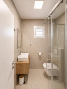 a bathroom with a sink and a toilet and a shower at Pansion Marjan in Zavala +90 photos