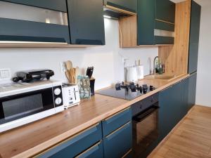 a kitchen with blue cabinets and a microwave at Apartamenty Kaniówka 25 in Gliczarów Górny +11 photos
