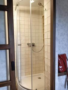 a shower with a glass door in a bathroom at Craft Corner Apartment Namysłów - Rynek in Namysłów