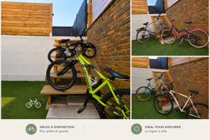 three pictures of bikes parked next to a brick wall at Les Aurores Marines in Bray-Dunes