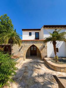 a house with a palm tree in front of it at Koutsini Villa in Pano Akourdalia