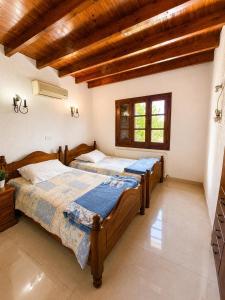 two beds in a room with wooden ceilings at Koutsini Villa in Pano Akourdalia