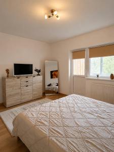 a bedroom with a large bed and a television at Reyna Breeze Apartment in Constanţa