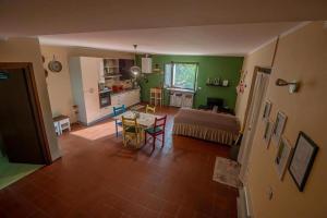 a living room with green walls and a table and chairs at Casa sul fiume con giardino e terrazza in Pianello