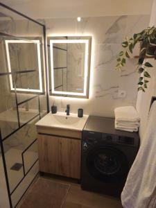 a bathroom with a washing machine and a sink at L'écrin De Mouroux - Disney 20 min - Clim & Parking in Mouroux +43 photos