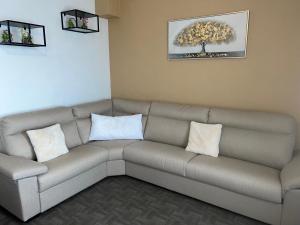 a living room with a couch with pillows on it at Splendide, FACE MER avec place de parking PRIVEE in Berck-sur-Mer