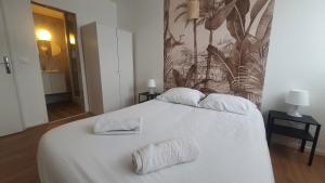 a large white bed with two pillows on it at Vue sur Paris, Centre Ville in Choisy-le-Roi