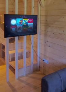 a tv on a stand in a room at AJVA Chalet in Žabljak