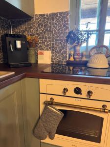 a kitchen with a stove with a towel hanging from it at Drevenica Kráľova in Šumiac