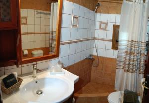 a bathroom with a sink and a toilet and a mirror at Forest view evia in Prokópion +35 photos