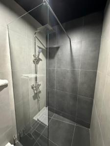 a shower with a glass door in a bathroom at Gravity Resort & Spa in Solotvyno +24 photos
