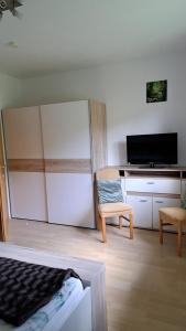 a room with a bed and a tv and a chair at Apartment MASCH in Arriach
