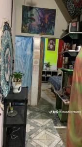 a room with a table with a potted plant on it at Hostel do Rasta in Ubatuba