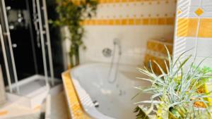 a bathroom with a bath tub with a potted plant at CK Apartment in Oberhofen am Irrsee +15 photos