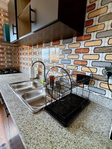 a kitchen sink with a dish rack next to it at Grand Studio Cosy in Cocody