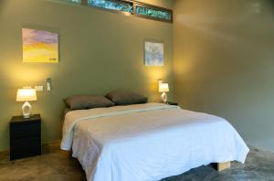 a bedroom with a white bed with two lamps at Elegant and Stylish - Riverside Tiny House Apartment in El Valle +23 photos