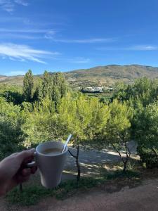 a hand holding a cup of coffee with a spoon at El Refugio in Fondón