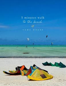 a group of kites laying on the beach at Tamu House Paje in Paje